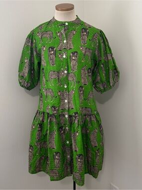 Fox & Hen Small Green Cheetah Button Front Mini Dress w/ Puff Sleeves